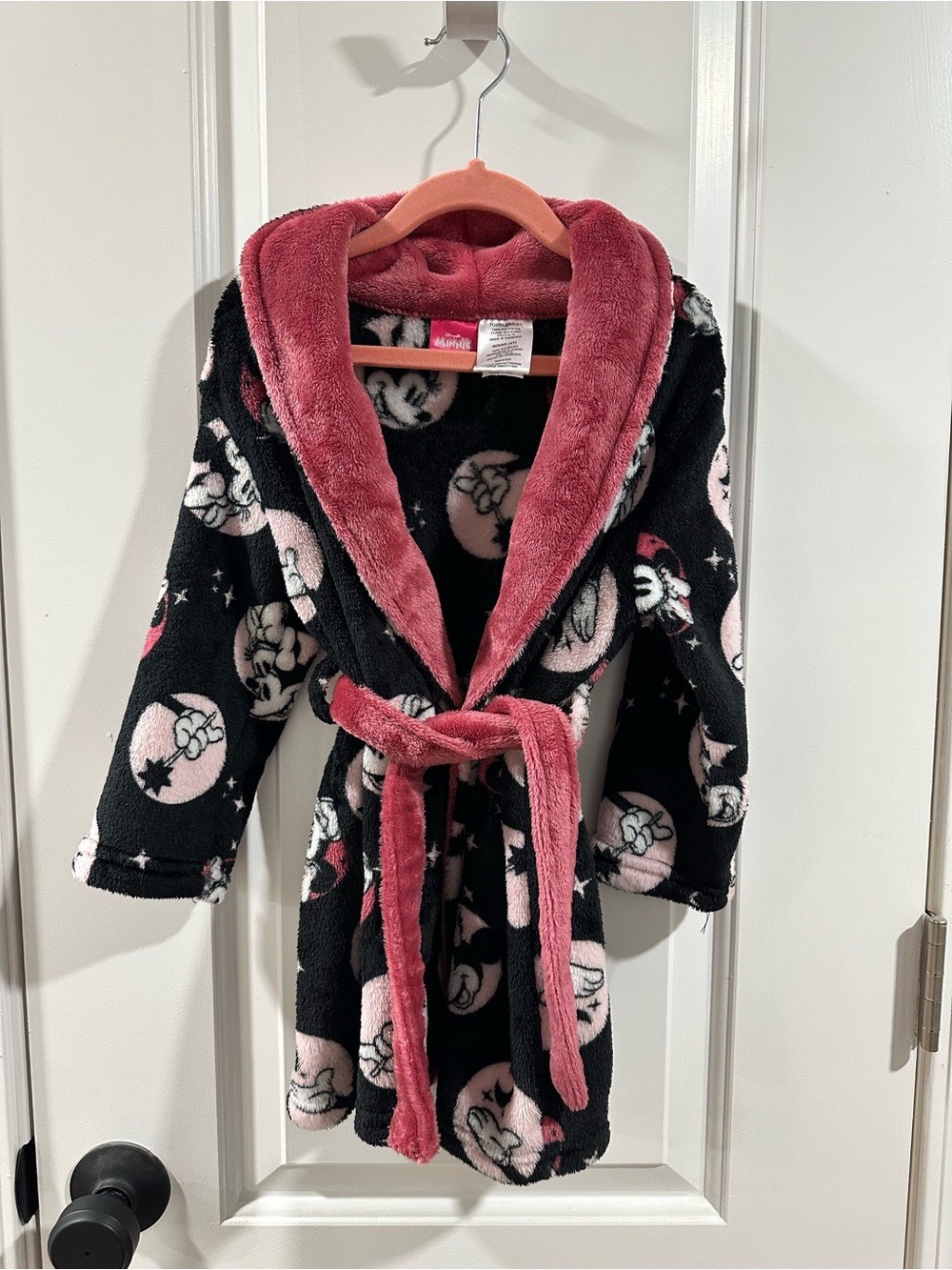 Disney Girls Plush Hooded Robe in Black and Pink Minnie Print